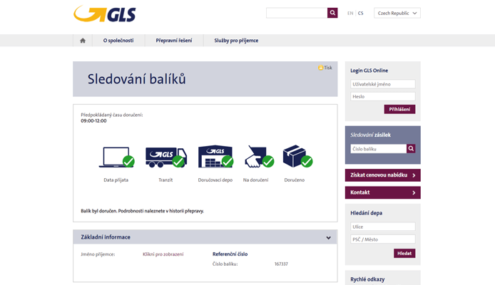 Sledování balíků na stránkách GLS