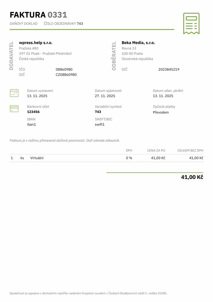 Faktura v rámci přenesené daňové povinnosti - Fakturoid