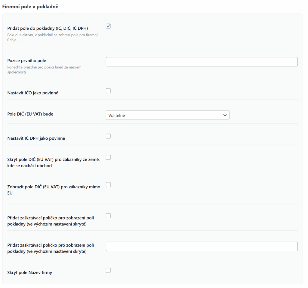 Toret EU VAT - nastavení Firemní pole v pokladně