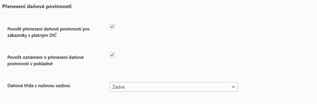 Toret EU VAT - nastavení Přenesení daňové povinnosti