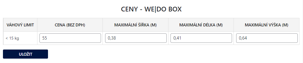 Toret WEDO - Maximální parametry zásilky Toret WEDO - Maximální parametry zásilky