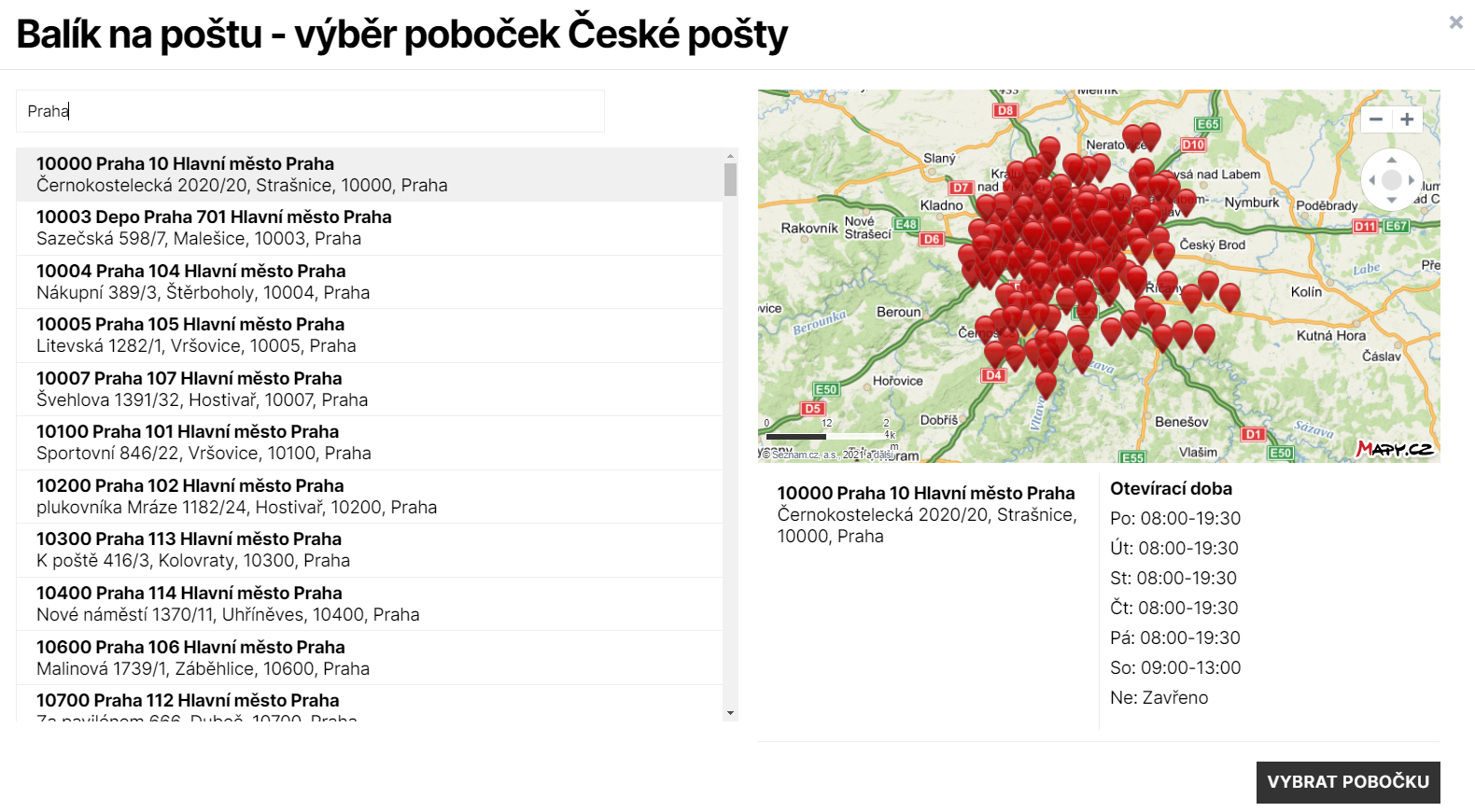 Toret Balík Na poštu - Výběr pobočky