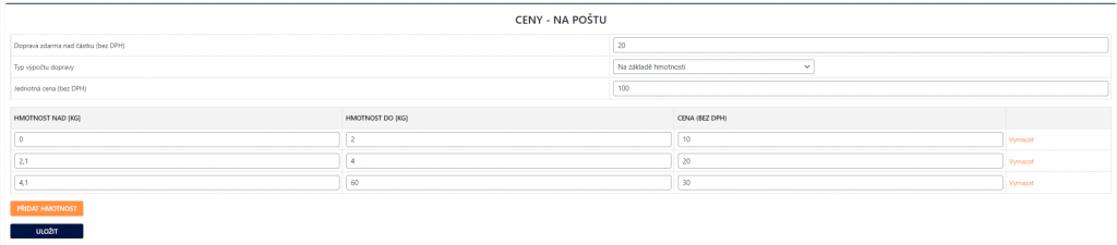 Toret Česká pošta - Nastavení ceny dle hmotnosti
