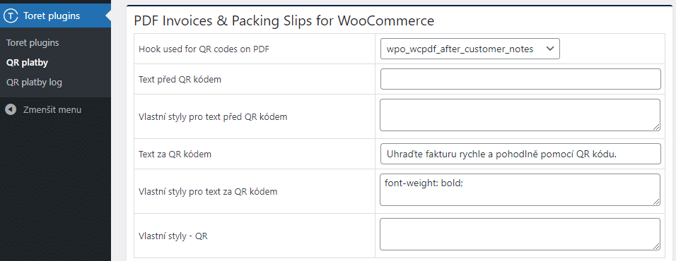 Toret nastavení QR kódu v pluginu PDF Invoices & Packing Slips for WooCommerce