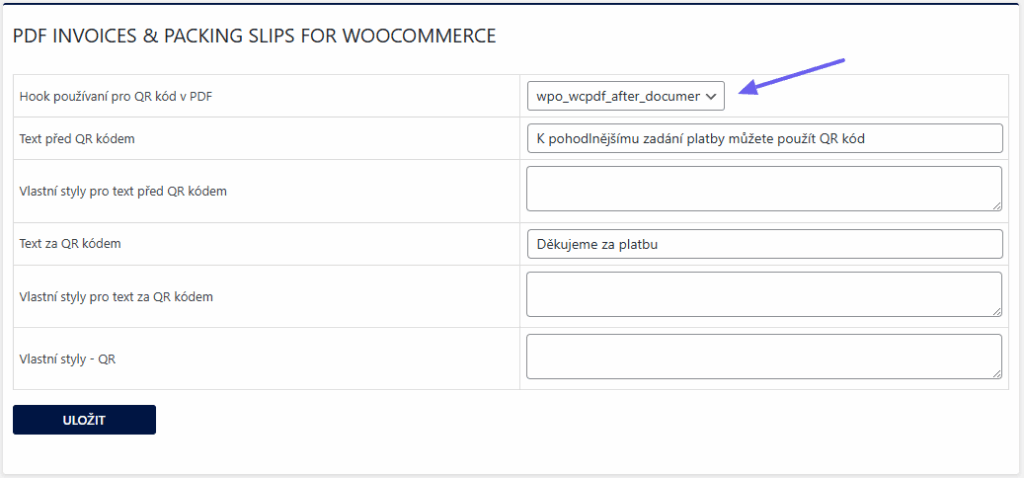 Přidání QR kódu na fakturu z pluginu PDF Invoices & Packing Slips for WooCommerce