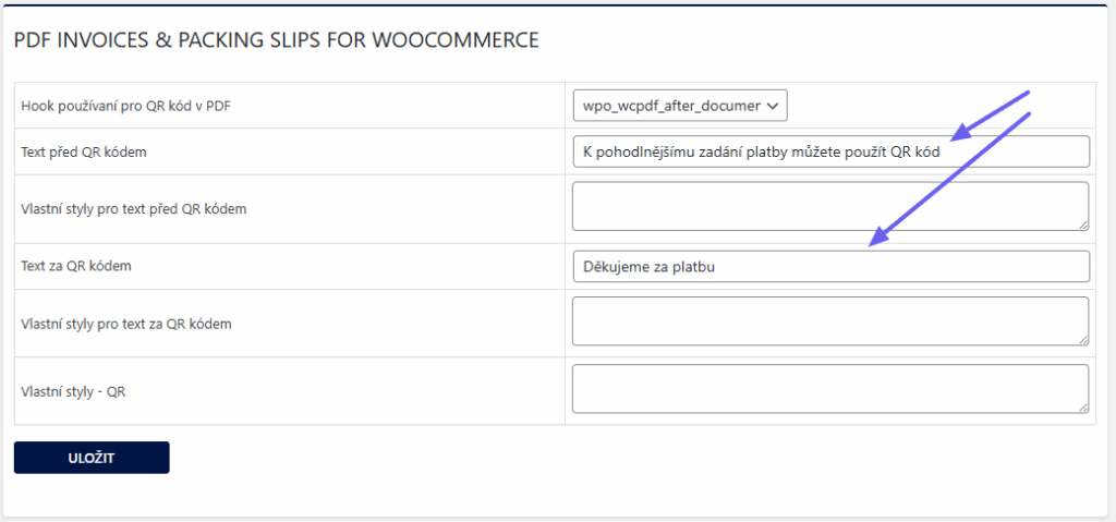 Přidání QR kódu na fakturu z pluginu PDF Invoices & Packing Slips for WooCommerce