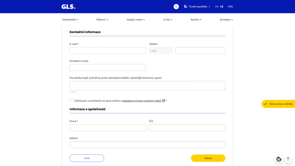 Proces registrace e-shopu u GLS