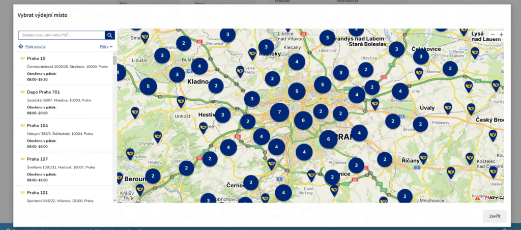 plugin Česká pošta -widget s mapou v pokladně WooCommerce e-shopu