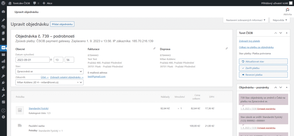 Detail WooCommerce objednávky po zaplacení ČSOB platební bránou