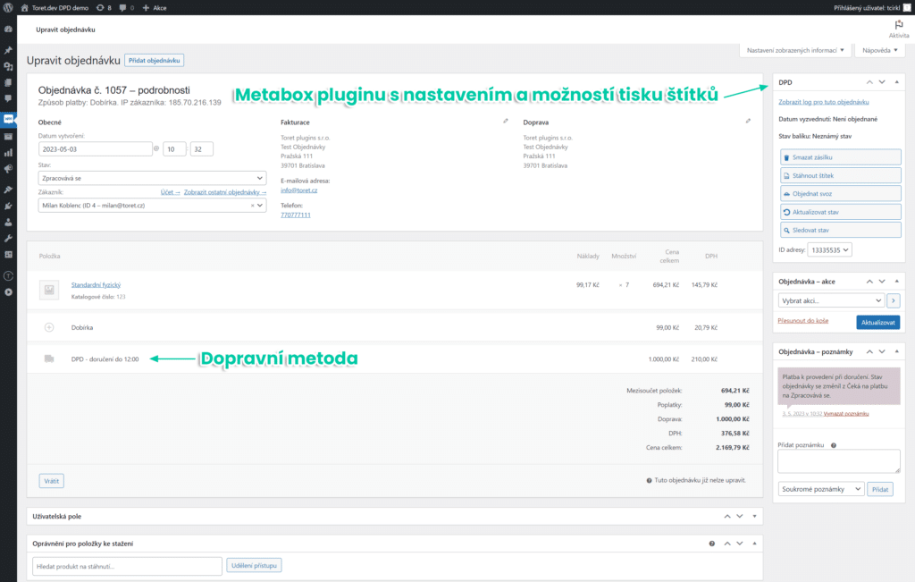 Detail WooCommerce objednávky s Toret DPD