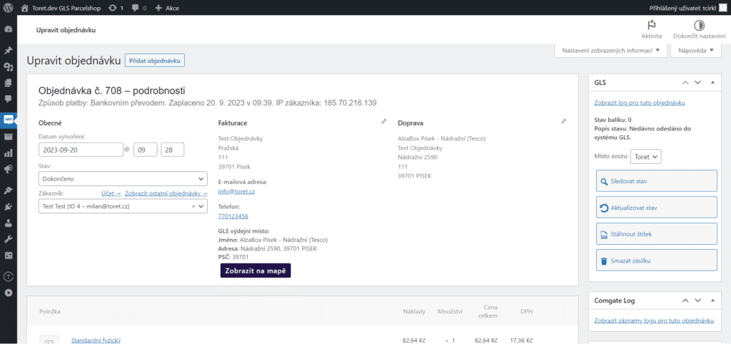 Detail WooCommerce objednávky s propojením do GLS