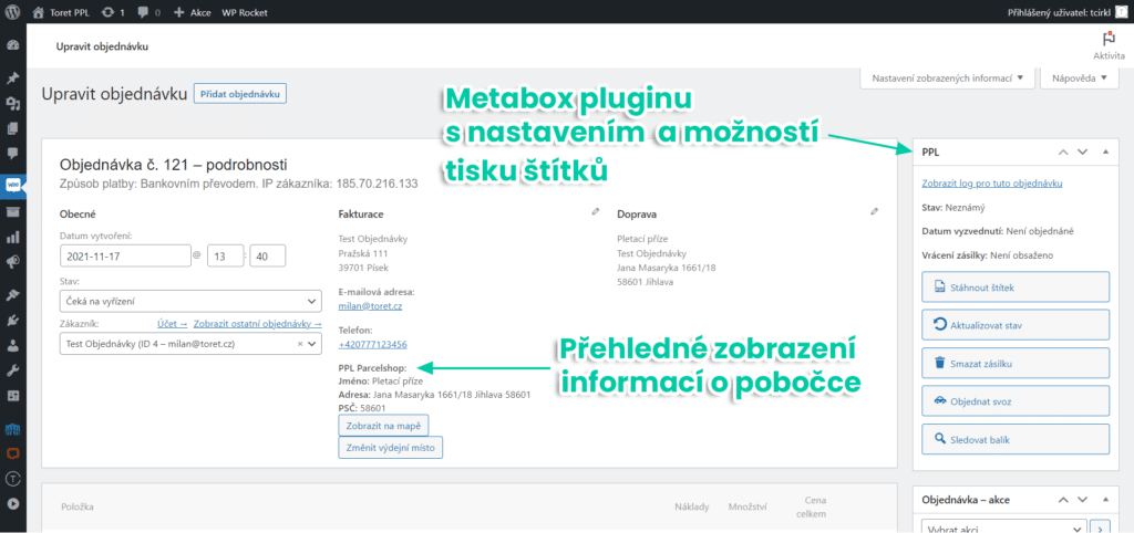Detail WooCommerce objednávky s propojením do PPL