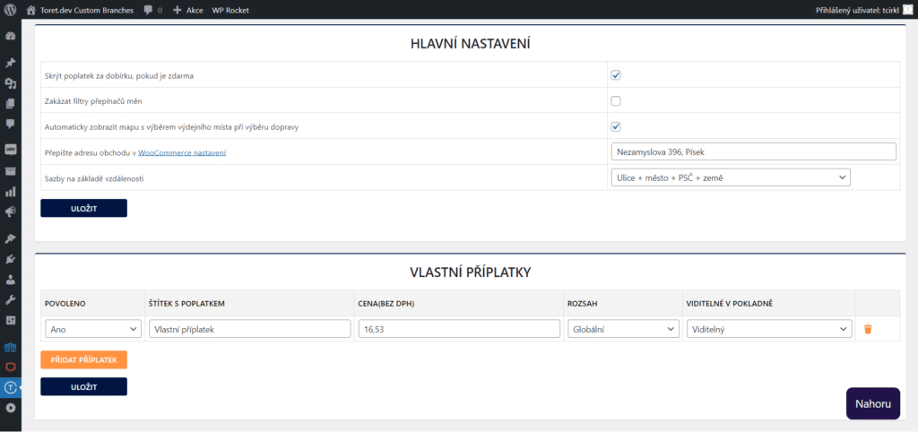 Hlavní nastavení pluginu Vlastní pobočky pro WooCommerce