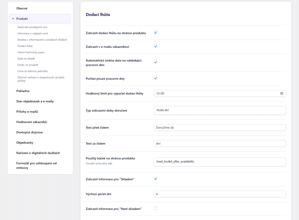 Nastavení dodací lhůty v pluginu Toolkit