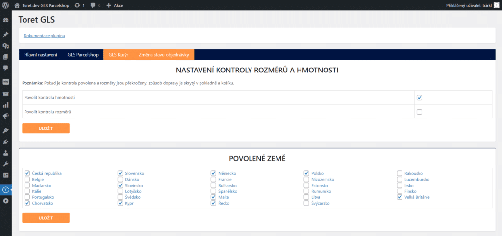 Nastavení dopravy GLS kurýr