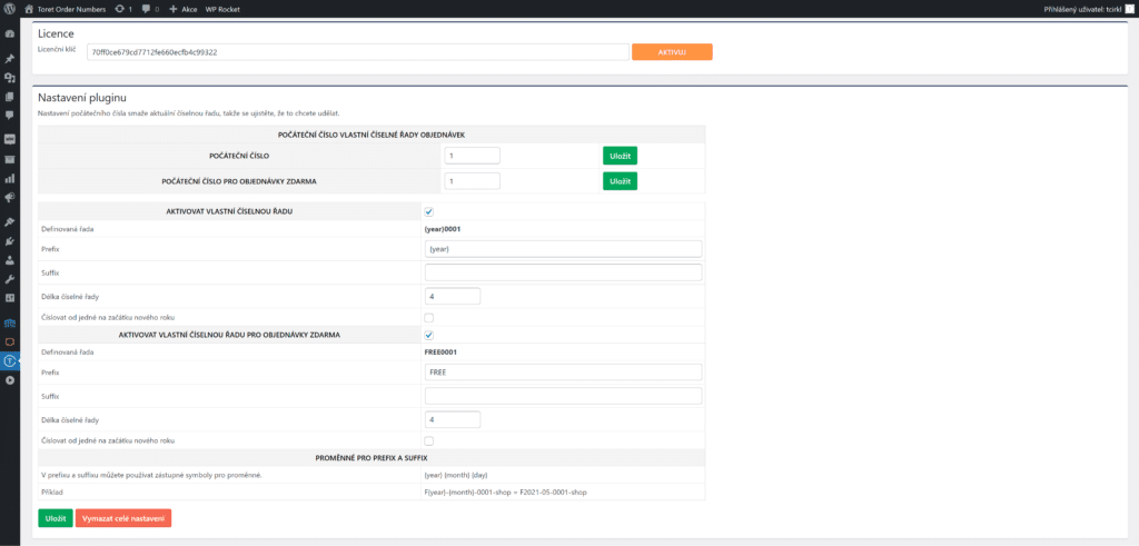 Nastavení pluginu pro vlastní číslování ve WooCommerce