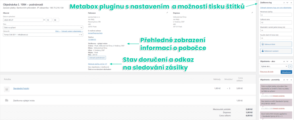 Popis WooCommerce objednávky