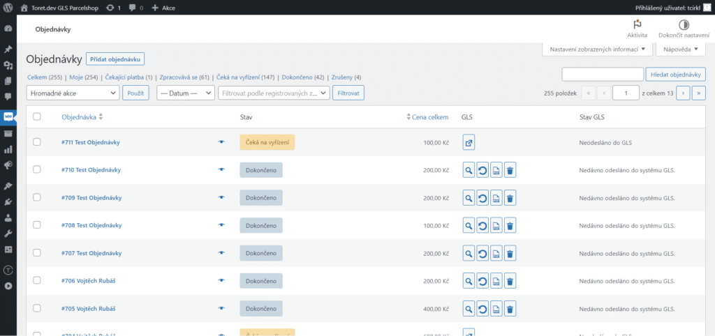 Přehled WooCommerce objednávek s napojením na GLS