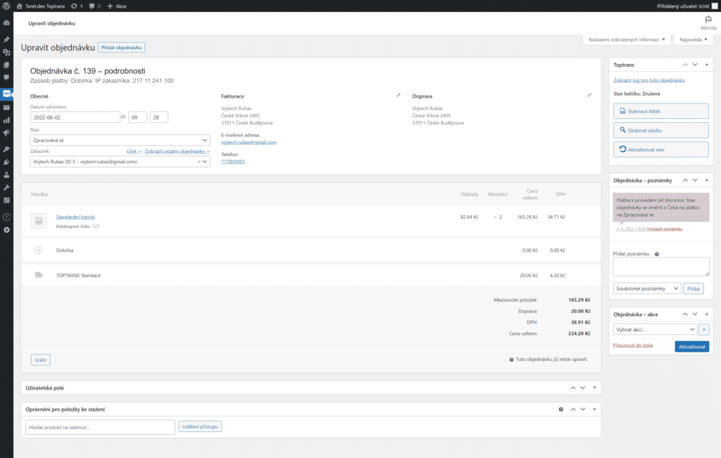 TOPTRANS detail objednávky ve WooCommerce