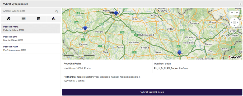 Widget s výběrem výdejních míst ve WooCommerce pokladně