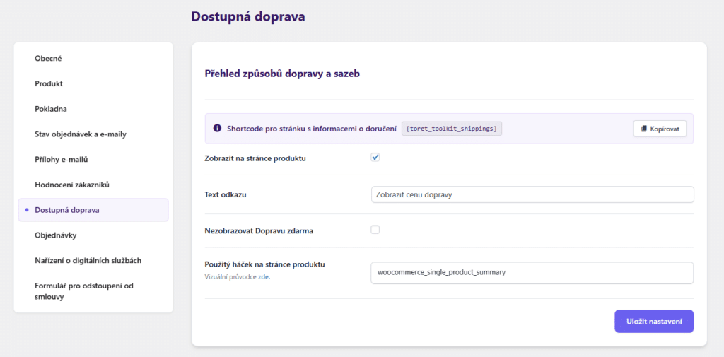 Zobrazení možností dopravy v pluginu Toolkit