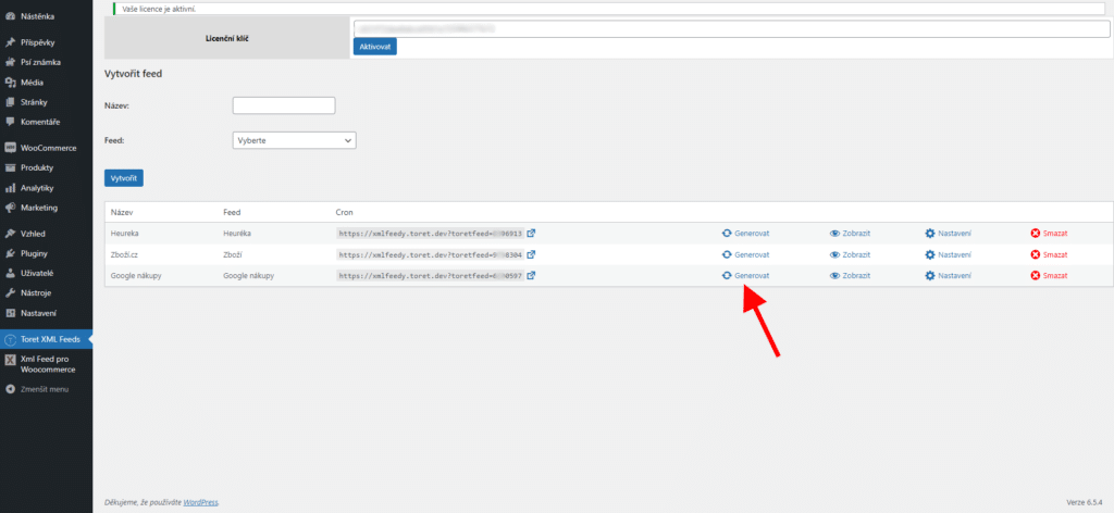 Po dokončení nastavení feedu klikněte na "Generovat".