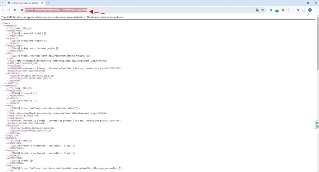 URL XML feedu zkopírujte z adresního řádku