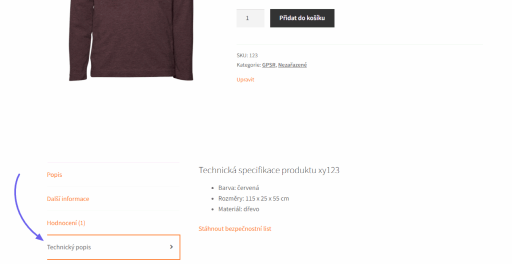 Záložka pro technický popis na produktové stránce