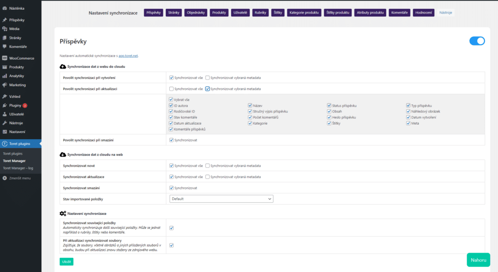 Nastavení synchronizace webů prostřednictvím Toret Manager je jednoduché.