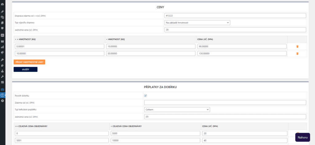 Ceny v pluginu FOFR lze nastavit pro každý modul individuálně – pevnou sazbou, načítat ze systému dopravce, dle rozměrů či dle hmotnosti.