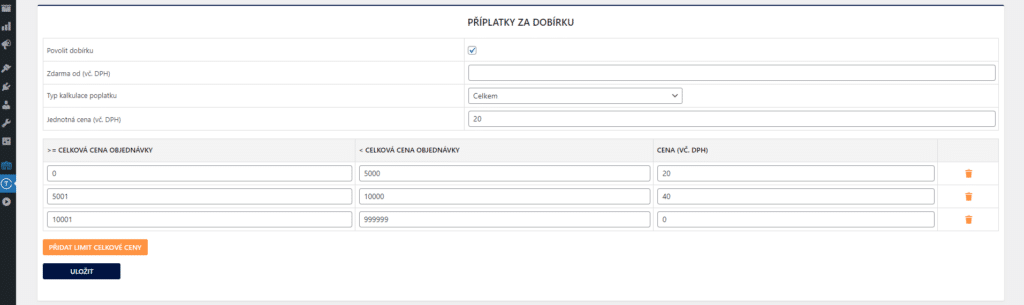 Nastavení příplatků za dobírku
