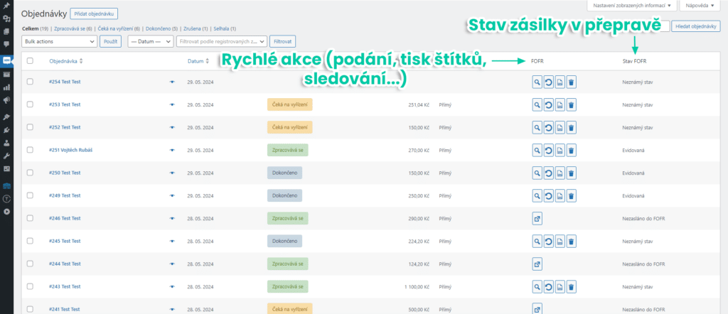 V přehledu objednávek lze pro správu objednávky využít tlačítek ve sloupci FOFR nebo hromadných akcí pro tohoto dopravce.