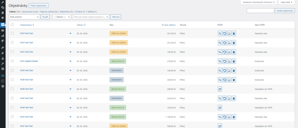 V přehledu objednávek lze pro správu objednávky využít tlačítek ve sloupci FOFR nebo hromadných akcí pro tohoto dopravce.