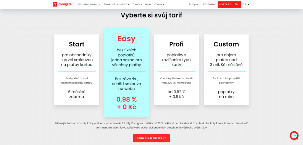 Comgate tarify platební brány