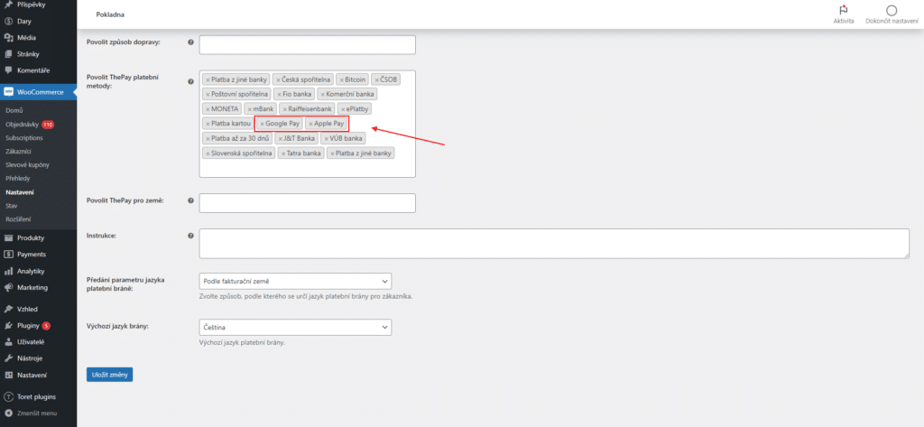 Povolení platební metody Google Pay a Apple Pay v nastavení WooCommerce.