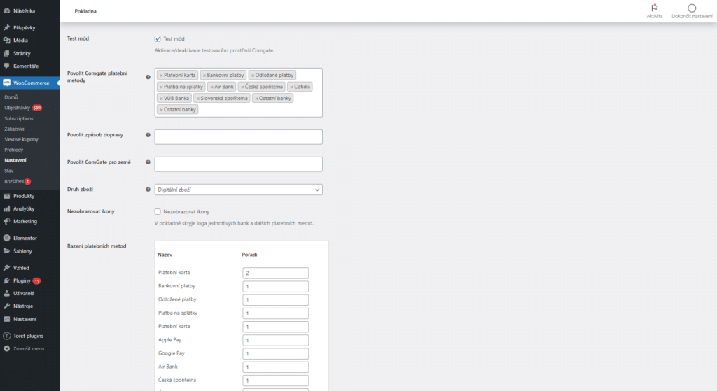 Nastavení metod platby v pluginu Comgate