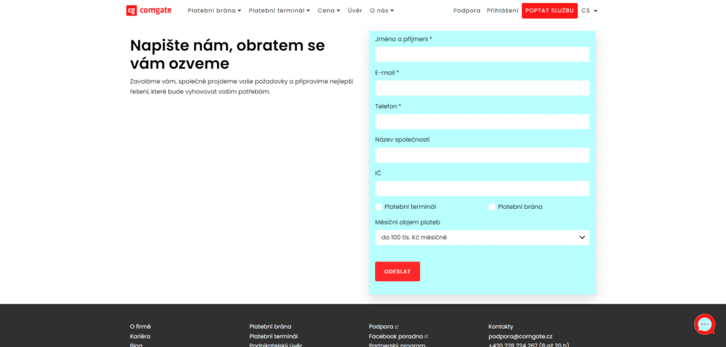 Poptávkový formulář pro platební bránu Comgate