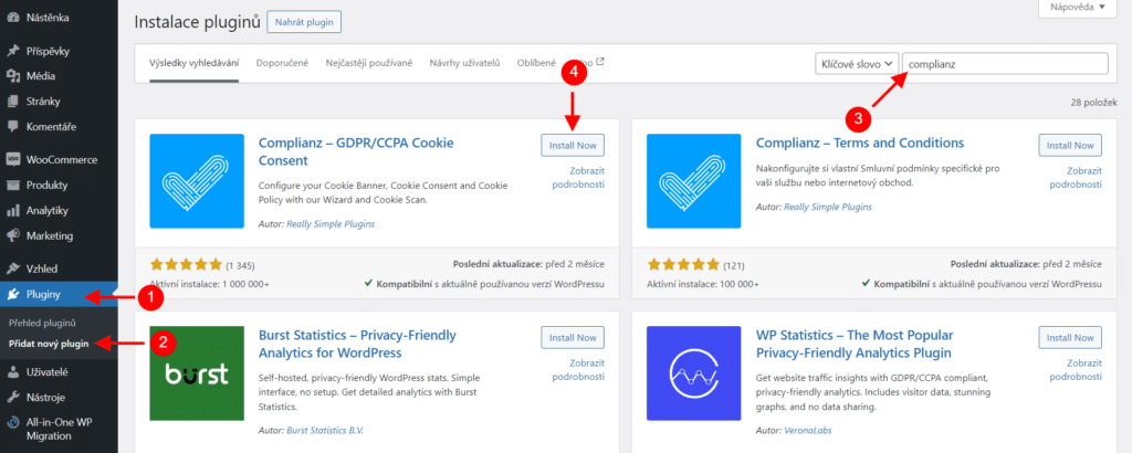 Plugin Complianz instalace