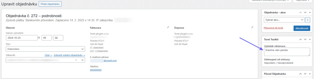 Výsledek reklamace v Toret Toolkit
