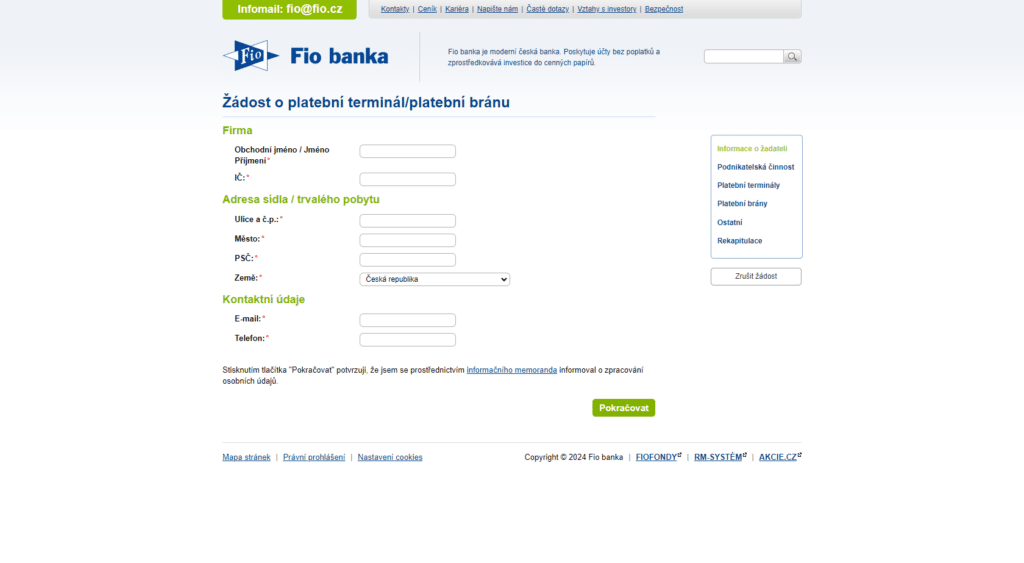 Fio banka – žádost o platební bránu
