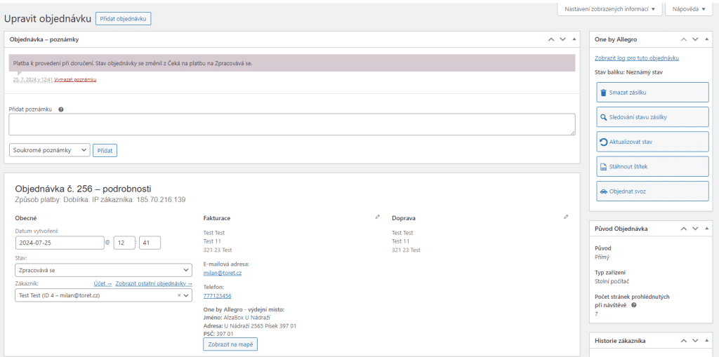 Metabox One by Allegro v detailu objednávky (vpravo nahoře) umožňuje provádět akce pro správu zásilky.