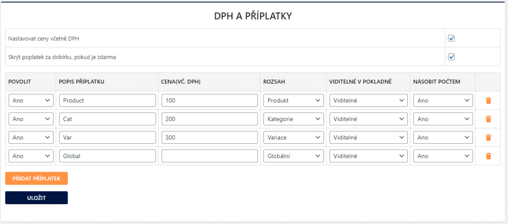 One by Allegro - nastavení DPH a příplatků