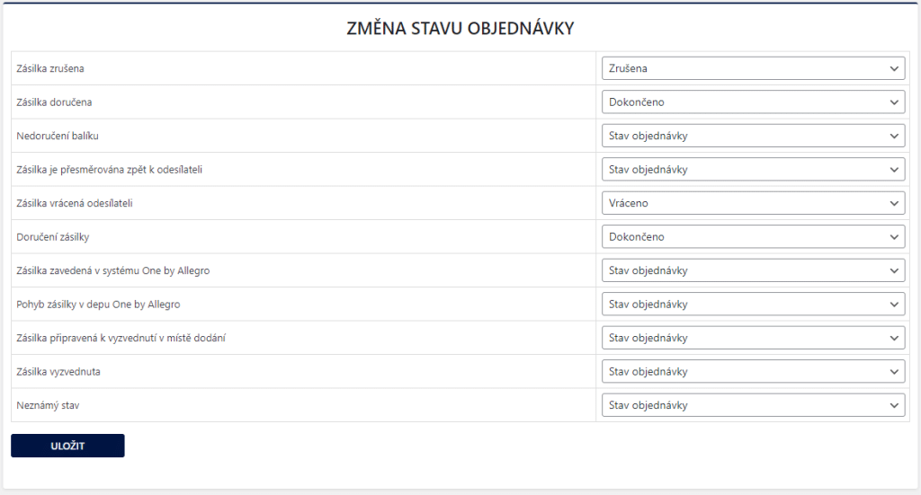 One by Allegro - nastavení změny stavu objednávky podle stavu zásilky v přepravě