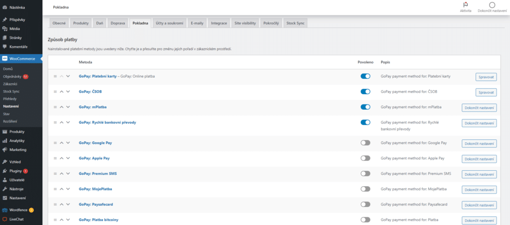 Oddělené platební metody v pluginu GoPay