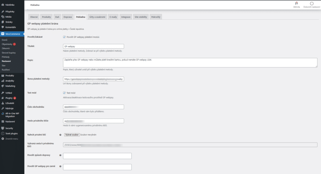 Nastavení pluginu GP webpay v platební metodě WooCommerce