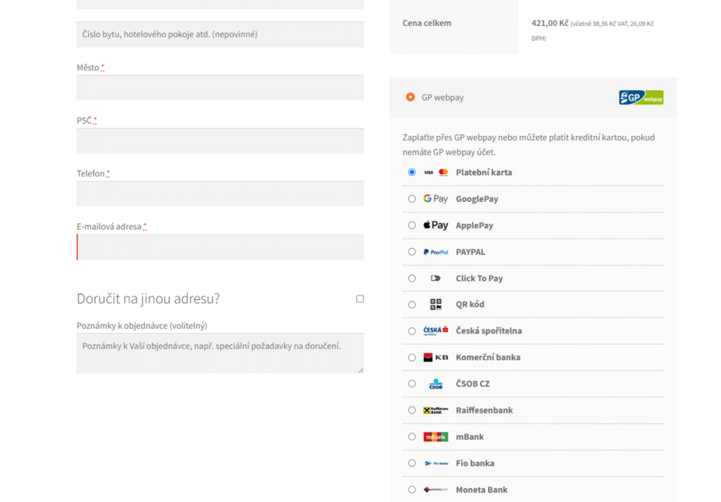 Metody platby platební brány GP webpay v pokladně