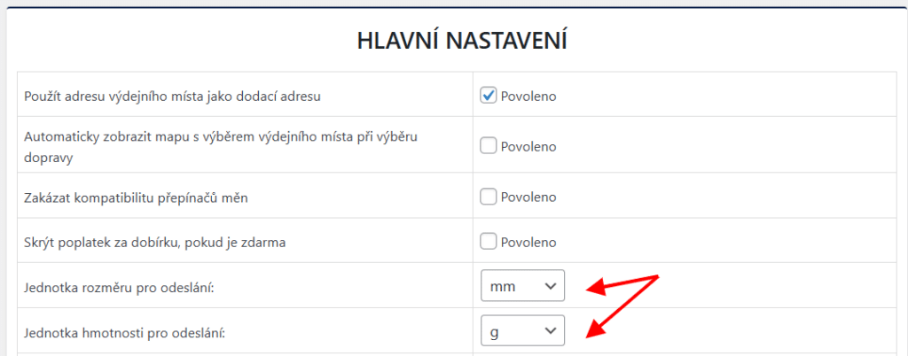 Nastavení jednotek pro hmotnost a rozměry balíku.