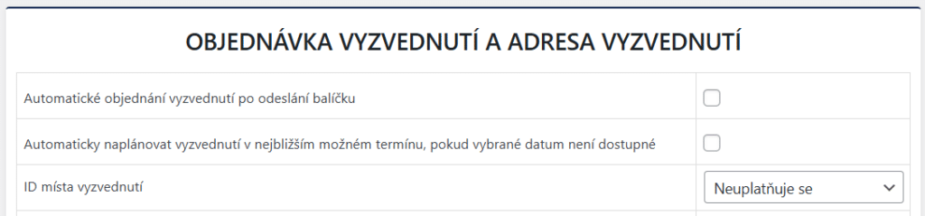 Nastavení automatického vyzvednutí a ID místa vyzvednutí v pluginu One by Allegro