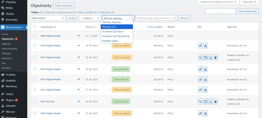 Plugin GLS umožňuje nově filtrovat v objednávkách dle zvoleného typu dopravy.