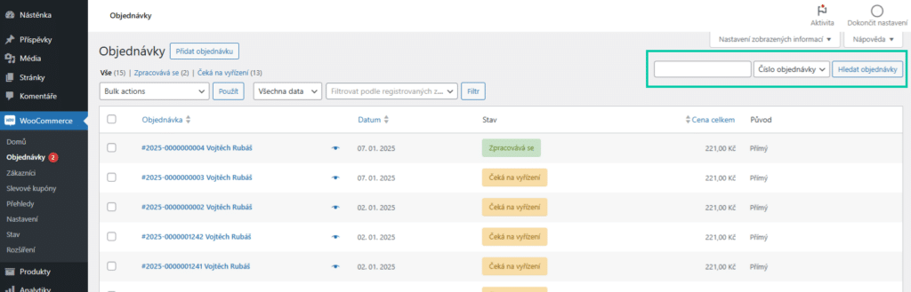 vyhledávání dle čísla objednávky - order numbers